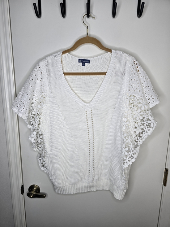 Democracy Sweaters - Democracy White V-Neck Crochet Sleeve Sweater 2X NWT